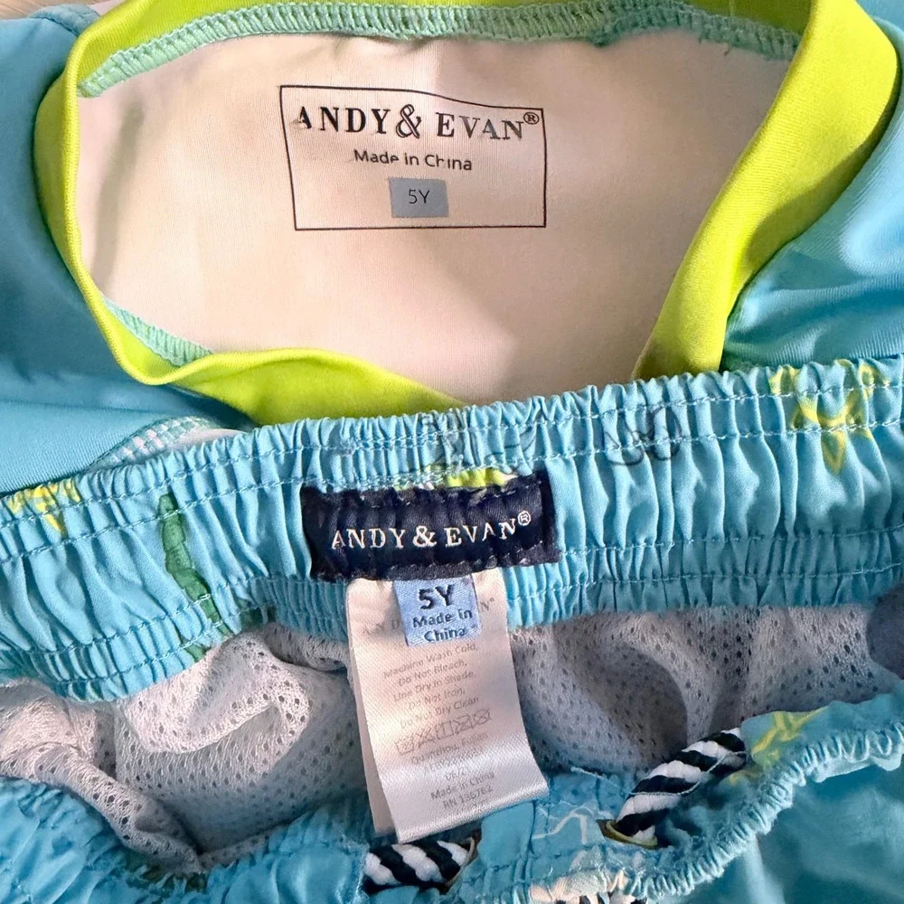 Andy & Evan Boys Blue Dinosaur Rash Guard and Swim Trunks Set Size 5Y